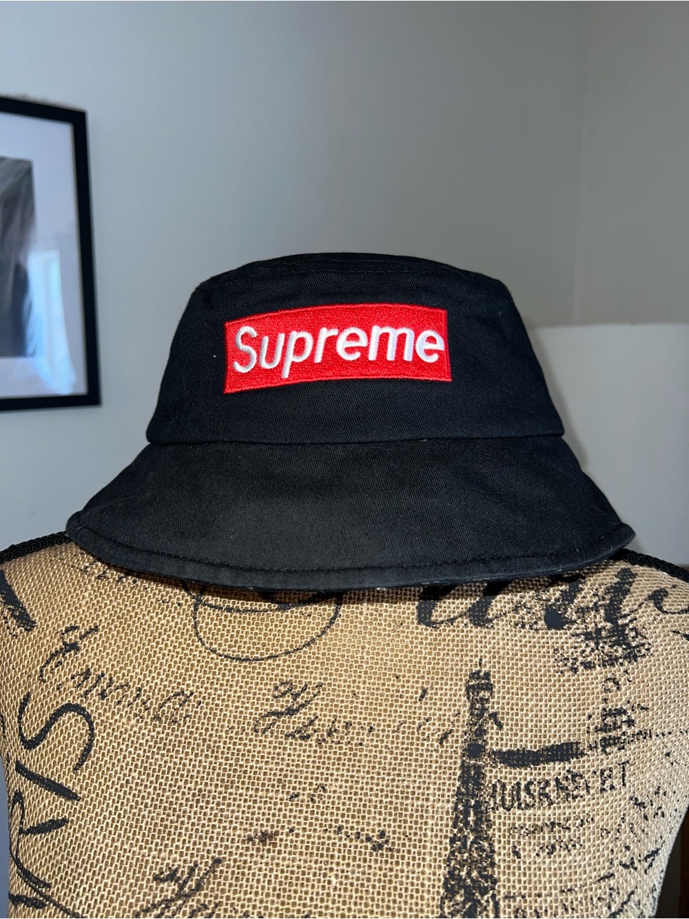 Supreme Black Hat with Red Logo Bucket Hat